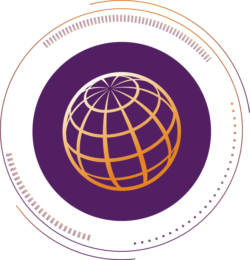 a globe in a purple circle, symbol für digitalisierung